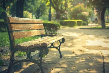 Antique wooden bench in urban park