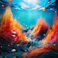 colorful abstract  fish soundscape. symbolizing the Disrupted ocean due to plastic pollution. Fight for a silent Earth Day - obrazy, fototapety, plakaty