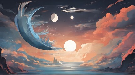 Artistic night and day, sun and moon battle concept. Art illustration background. generative.ai
