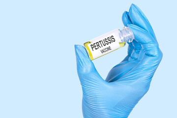 PERTUSSIS VACCINE text is written on a vial whose ampoule is held by a hand in a medical disposable glove. Medical concept.