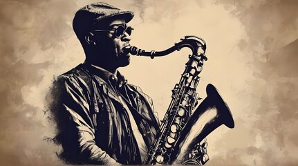 An American man is playing music to create a pleasant, romantic atmosphere. He is a saxophone player. generative.ai - obrazy, fototapety, plakaty