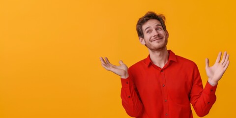 A man with an amusing shrug against a vibrant yellow background, expressing uncertainty - obrazy, fototapety, plakaty