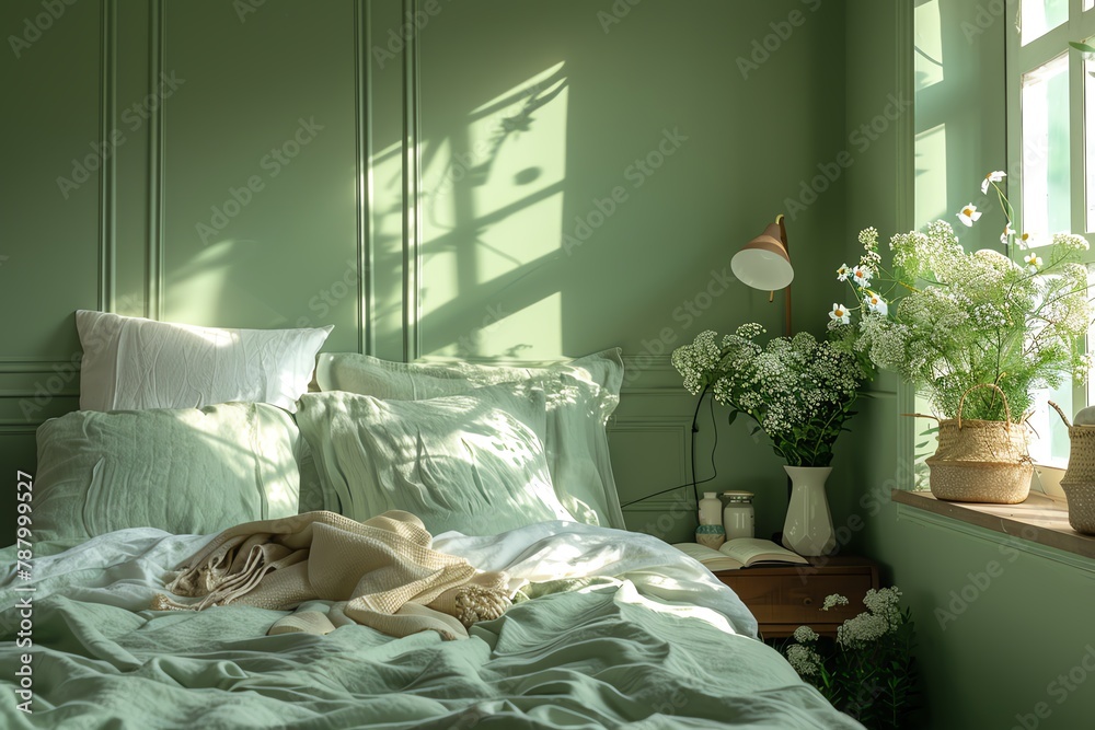 Sticker Inviting bedroom with a touch of vibrant flowers - A charming bedroom bathed in sunlight with white bedding and a bouquet of fresh flowers creating an inviting atmosphere