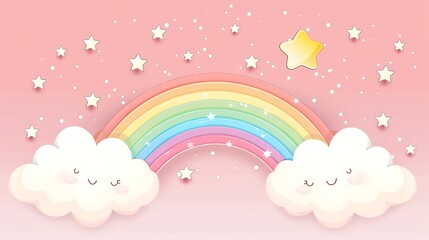 Fototapeta na wymiar Pastel rainbow and smiling clouds design - Gentle illustration of a pastel-hued rainbow with happy clouds against a starry background