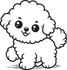 cute Bichon Frise dog pet cartoon outline, vector line art illustration, isolated on transparent background