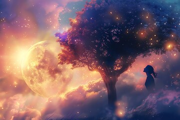 Obraz na płótnie Canvas Enchanted tree and woman under cosmic sky - A whimsical landscape featuring a woman beside a tree with a starry sky and a large moon in the background, evoking a sense of magic
