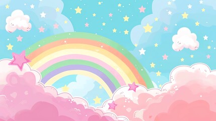 Pastel rainbow and stars in a dreamy sky - Gorgeous pastel rainbow with fluffy clouds and stars, giving a playful and dreamlike feeling to the delightful sky scene