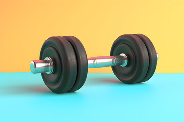 Fototapeta na wymiar Cute 3d fitness dumbbell cartoon on colored background with copy space.