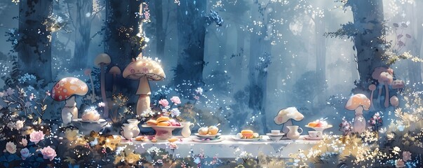 Enchanting Anime Style Watercolor Woodland Feast with Imaginative Dishes and Ethereal Surroundings