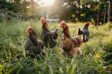 Zelfklevend Fotobehang Free range chickens on grass at farm. © Pacharee