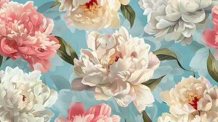 Vintage Floral Art: Soft Pink Peonies on Blue Background