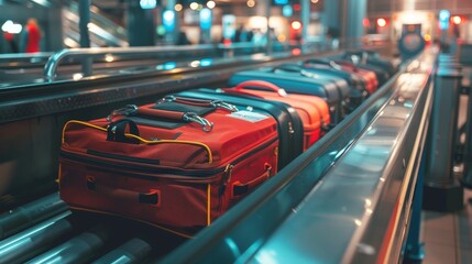 Luggage on a conveyor belt at airport baggage claim, Generative AI - obrazy, fototapety, plakaty