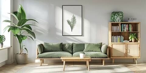 Minimalist living room in green tones, green comfortable sofa in the gentle sunlight, interior design , creative , background, wallpaper.