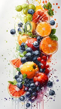 Vibrant Watercolor Fruit Composition with Splashing Droplets Capturing the Essence of Fresh and Healthy Produce