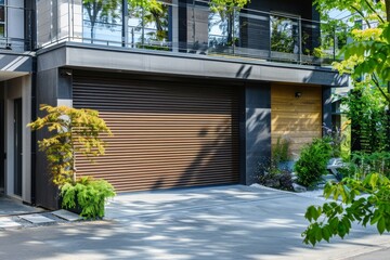 Automated roller gate or push up door on ground floor of modern building Brown automatic shutters on garage entrance - obrazy, fototapety, plakaty