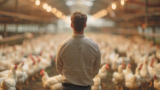 A man stands in front of a large flock of chickens