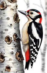 A great spotted woodpecker knocks on a birch tree 