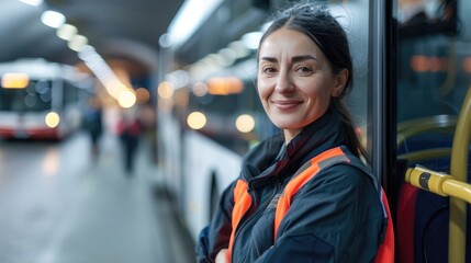 Happy confident female bus driver at station looking at camera with bus on background. Woman at work.