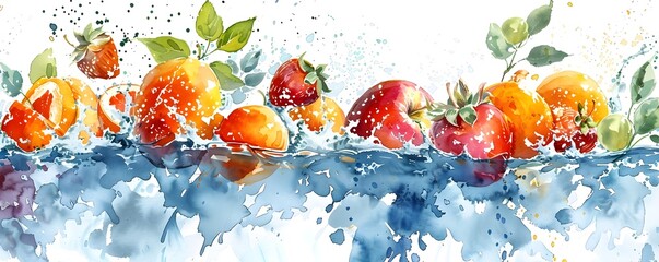 Harmonious Watercolor Dance of Vibrant Fruits Amid Nature s Tranquil Backdrop