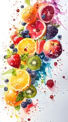 Vivid Watercolor Fruit Explosion with Scattered Splashes of Color and Freshness