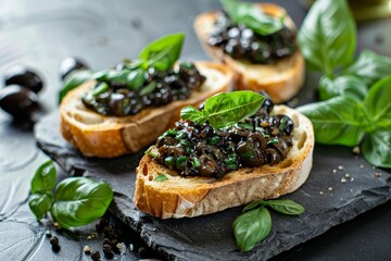 Basil and black olive spread on toast - obrazy, fototapety, plakaty