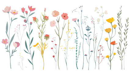 Delicate flowers stems set. Field herbs spring meadow - obrazy, fototapety, plakaty