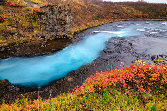 River flowing downstream from Bruarfoss (Bridge Falls), Iceland