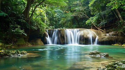 This image is of a beautiful waterfall in a lush green forest.