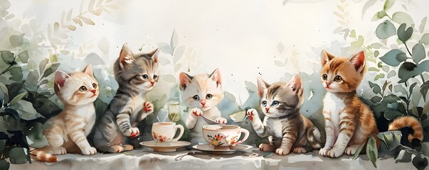A Charming Watercolor Scene of Kittens Enjoying a Relaxing Outdoor Tea Party Surrounded by Lush Greenery