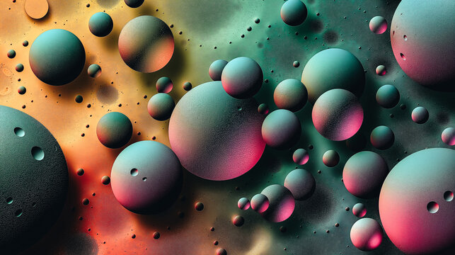 A colorful painting of many small spheres, some of which are green