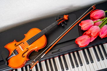 Fototapeta premium an elegant violin, a bow and a bouquet of red tulips with delicate petals lie on the piano, a beautiful composition