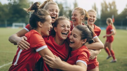Happy women's soccer team celebrating winning the match on playing field.
