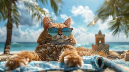 A chilled ginger cat with sunglasses lies on a beach towel, enjoying a sunny day at a tropical beach.