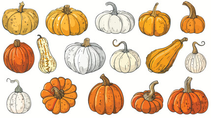 Different types of autumn whole pumpkins. Composition