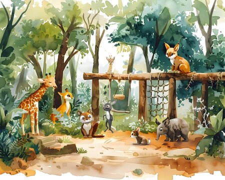 Watercolor Painting of Young Animals in Lush Forest Playground Exploring Different Sports