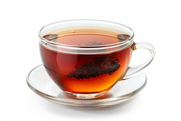 Black tea in glass cup White background