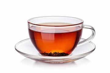 Black tea in glass cup on white background