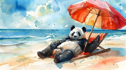 Peaceful Panda Enjoying Serene Seaside Getaway in Pastel Watercolor Painting