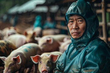 A man in a green raincoat stands in front of a group of pigs