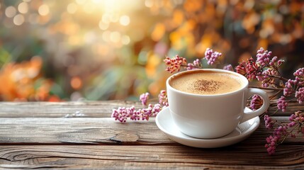 A cup of coffee on a wooden table with a blurred background of fall foliage.