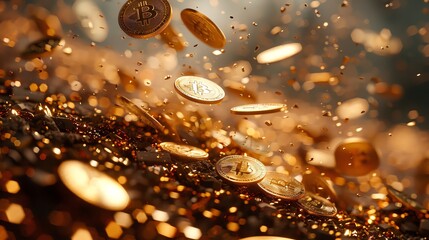 A golden rain of Bitcoin. - obrazy, fototapety, plakaty