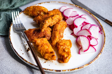 Close-up of a plate of fried chicken with fresh radishes