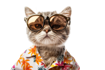 Happy smile kitty Cat wearing sunglasses with summer season costume isolated on background, pets summer, lovely cat, holiday vacation.