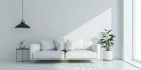 Minimalist stylish living room, gray and white sofa and a plant near it, wide panoramic windows, gentle light, interior design, background, wallpaper.