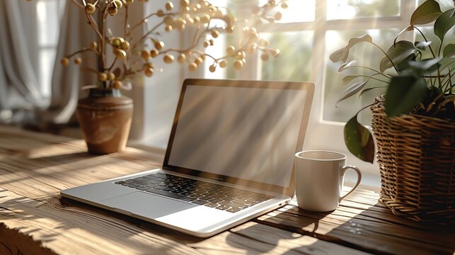 A wooden desk with a laptop, coffee cup, and potted plant in front of a window.