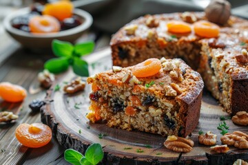 Carrot cake with nuts and dried fruits on dark wood background Selective focus