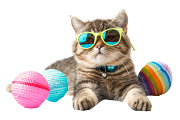 Happy smile kitty Cat wearing sunglasses with summer season costume isolated on background, pets summer, lovely cat, holiday vacation.