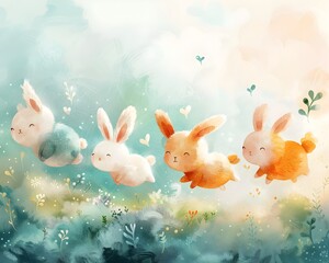 Fluffy Bunnies Leaping Joyfully Across Pastel Colored Watercolor Sky