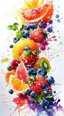 Vibrant Watercolor Splash of Colorful Fruits and Natural Freshness