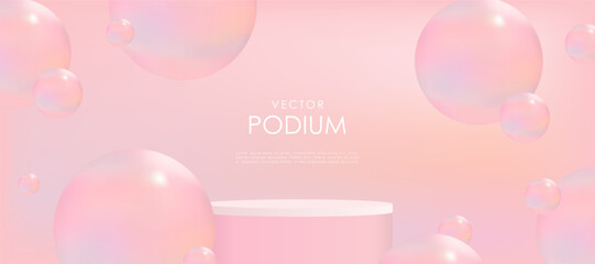 Peach-pink realistic cylindrical podium with a flying ball-sphere or bubble. Vector abstract studio with 3D geometric platform, minimal stage for product promotion.